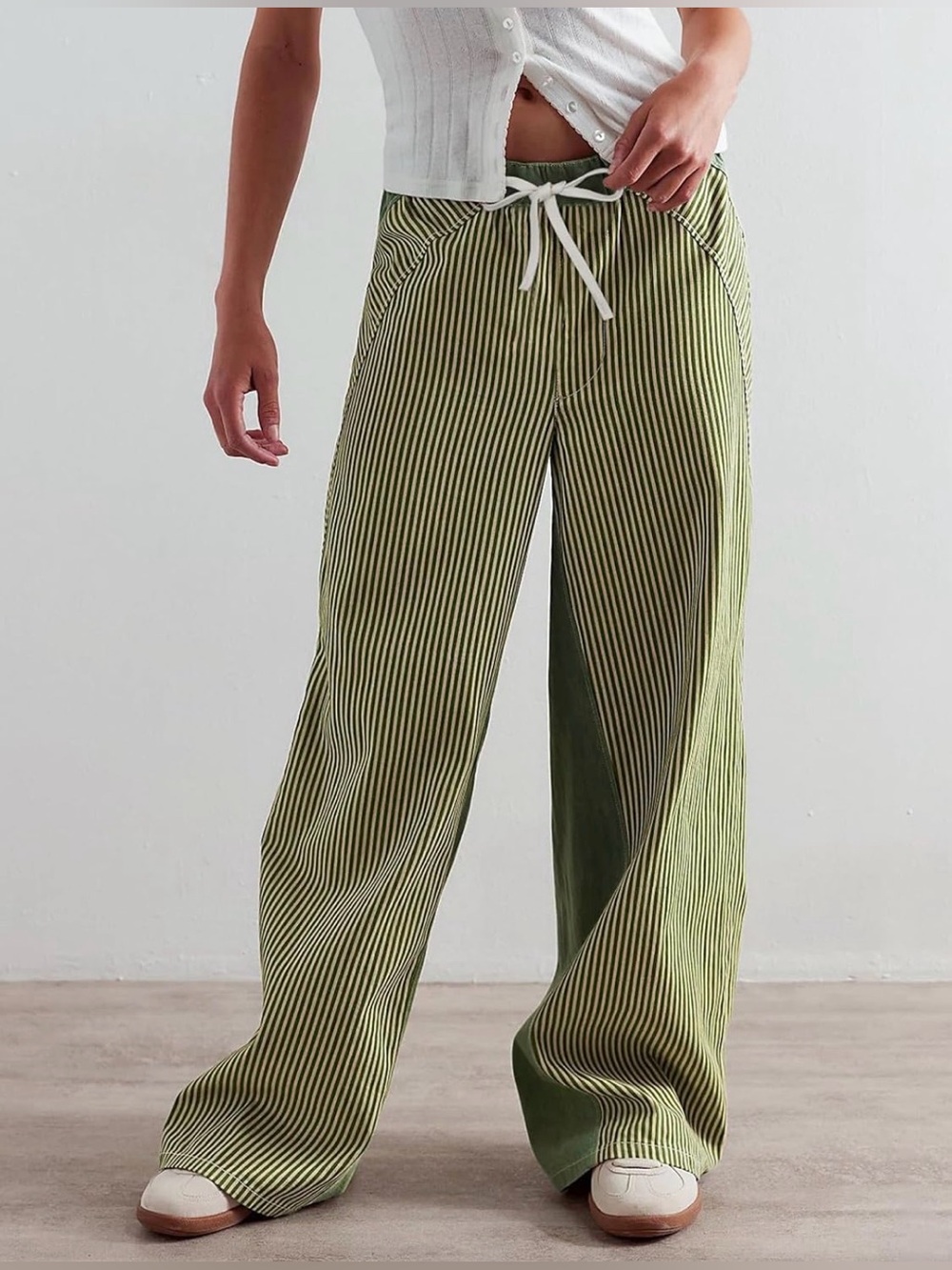 PEIHOT Low Rise Striped Pants for Women Pull On Drawstring Boho Wide Leg Jeans